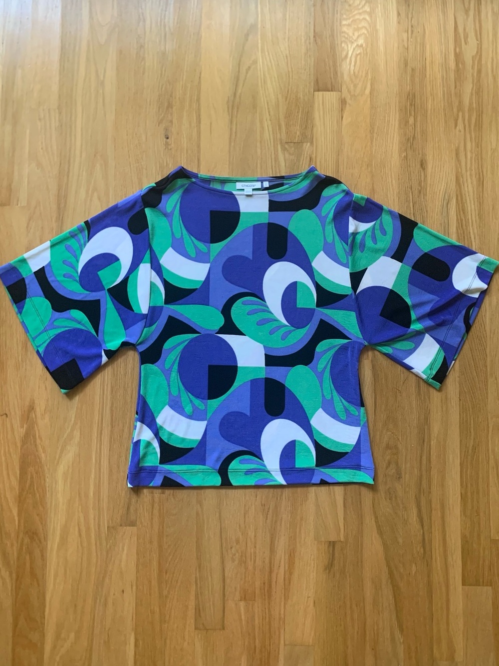 Chico's Graphic Boatneck Top in Blue, Green, Black & White Sz Small/Sz 0